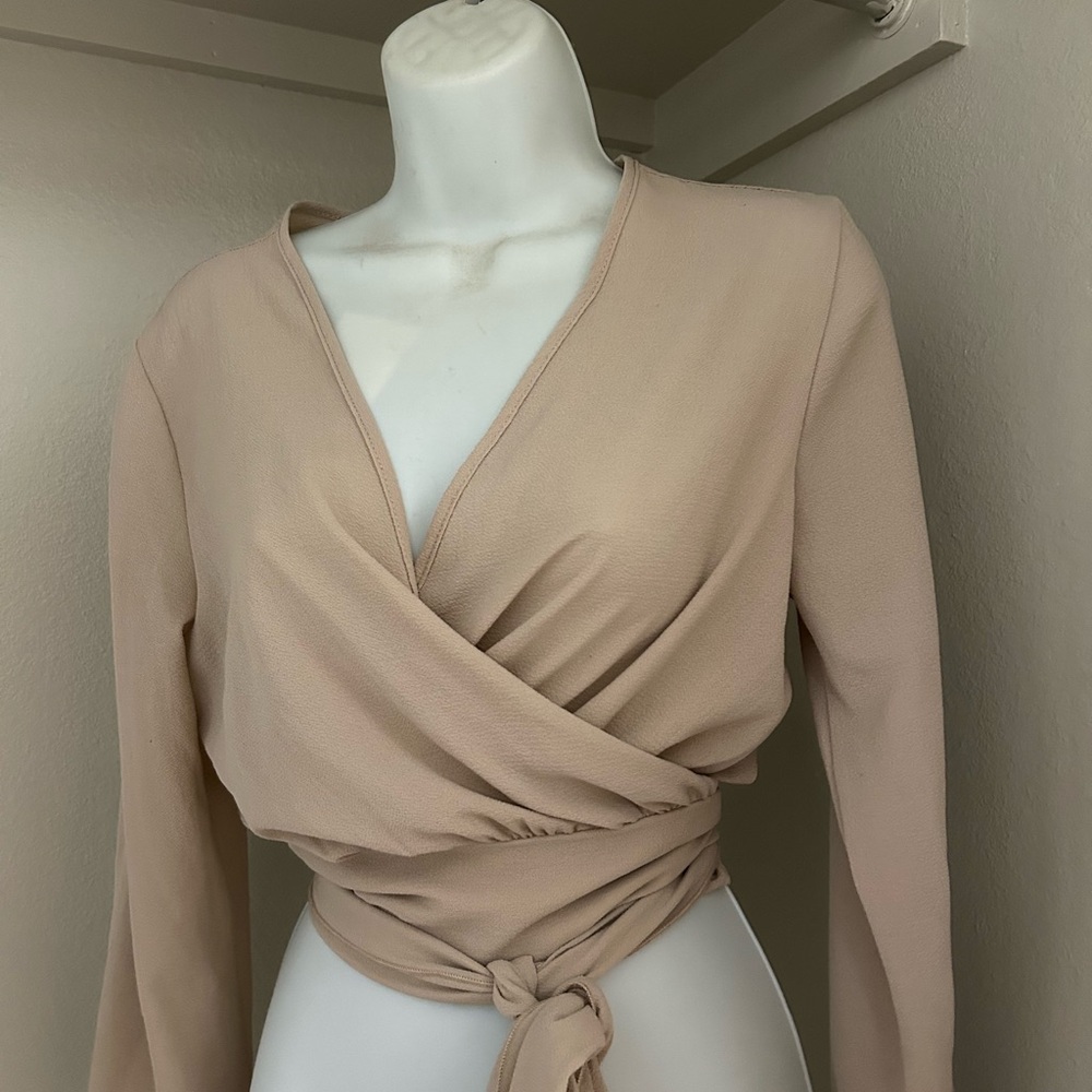 Beginning Boutique Tan Wrap Tie Front Blouse